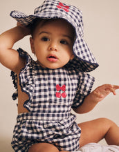 Load image into Gallery viewer, Hux Baby - Frilly Playsuit - Cherry Pie Check - Indigo/Almond Milk