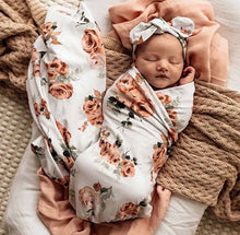 Load image into Gallery viewer, Snuggle Hunny Organic Jersey Baby wrap set, Rose Bud, Taking Flight, Alice's Tea Party, Fairy Garden, Little Racer, Lilac skies