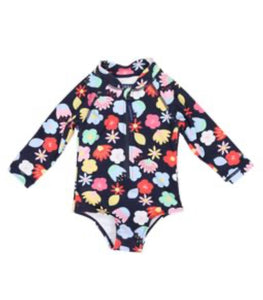 Korango- Flower Long Sleeve Zip One Piece Swimmer- Navy