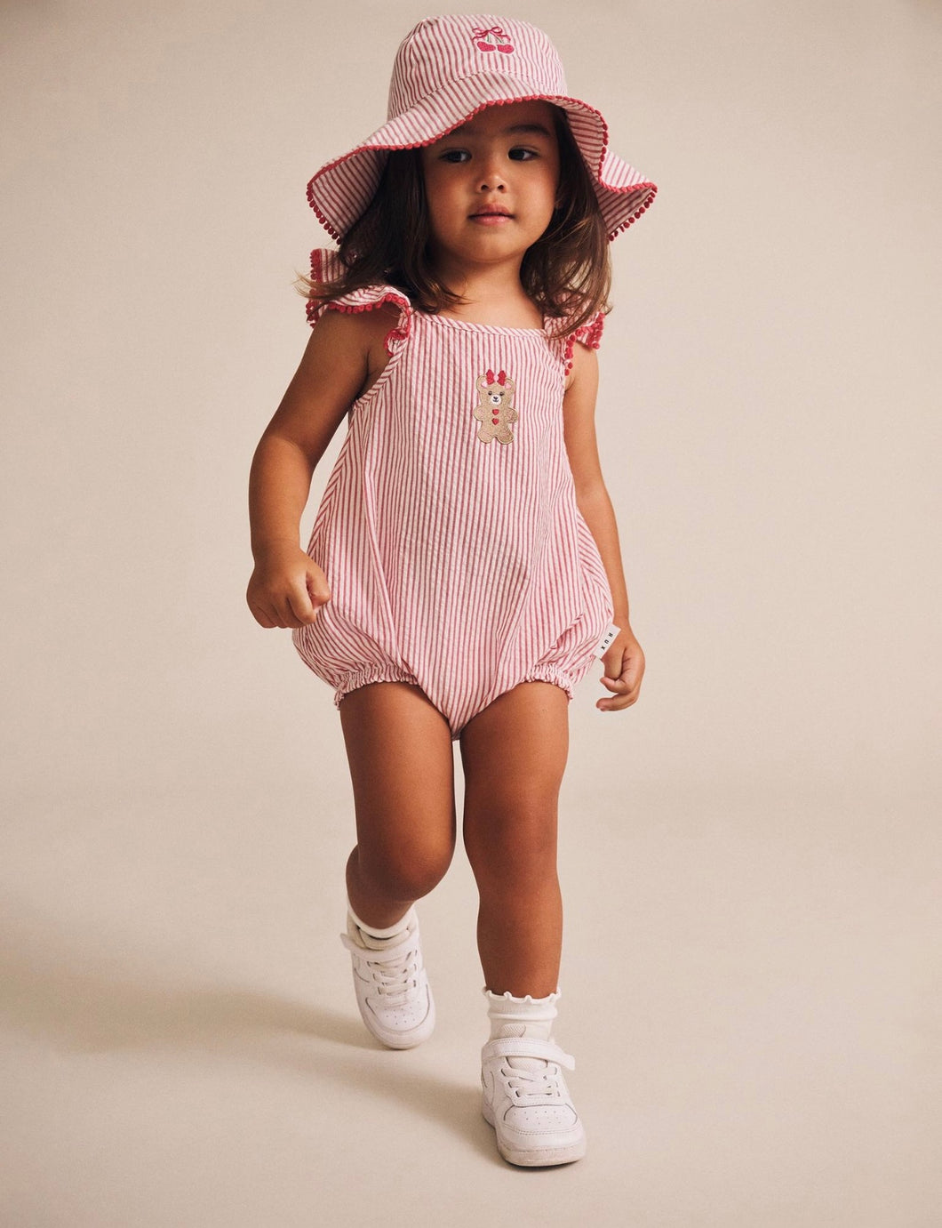 Hux Baby - Gingerbread Frill Playsuit - Cherry/Almond Milk