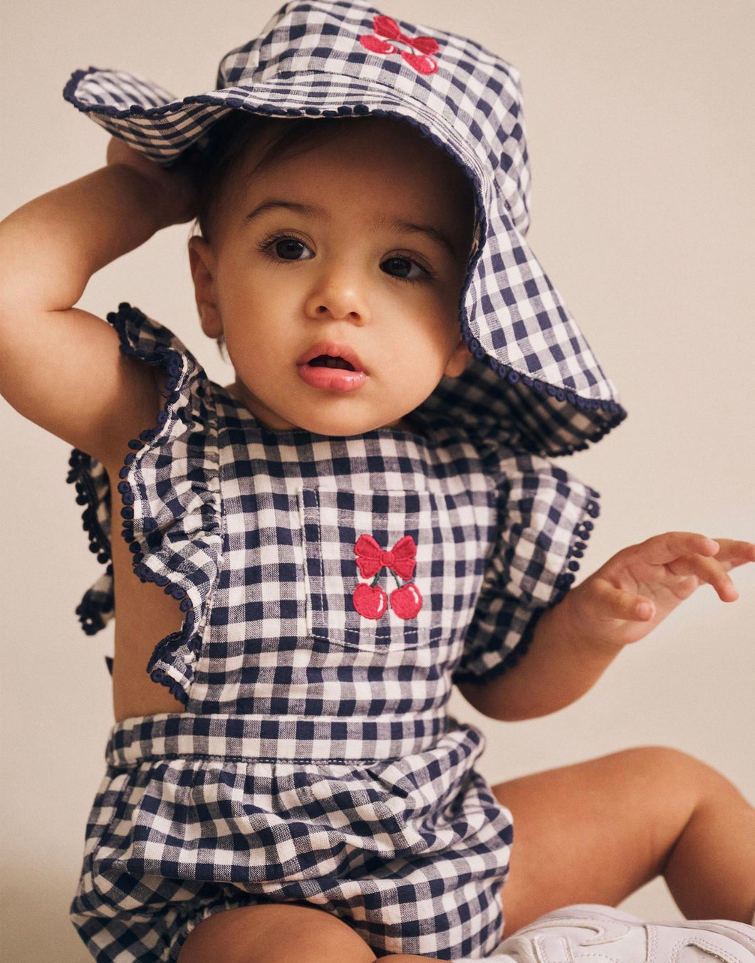 Hux Baby - Frilly Playsuit - Cherry Pie Check - Indigo/Almond Milk