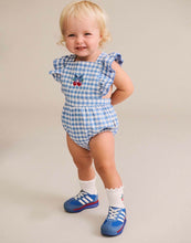 Load image into Gallery viewer, Hux Baby Dusty Blue Gingham Bow Romper
