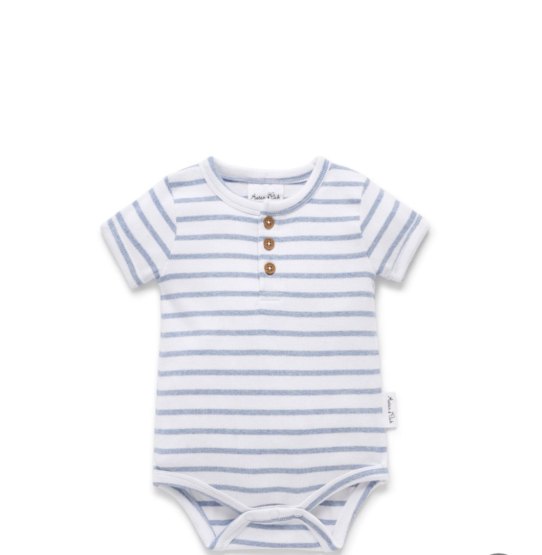 Aster & Oak Blue Stripe Rib Henley Onesie/Bodysuit