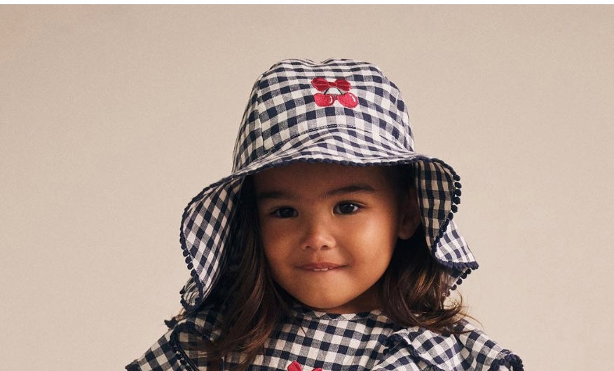 Hux Baby - Frilly Sunhat - Cherry Pie Check - Indigo/almond milk