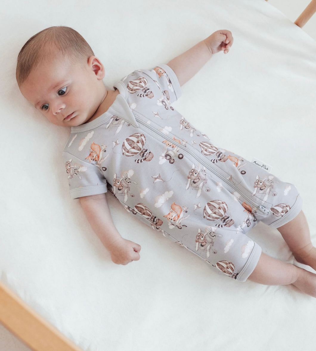 Aster & Oak - Flying Friends Short Sleeve Zip Romper - Blue