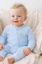Load image into Gallery viewer, Confetti Kidz - Soft Blue Ribbed Zipsuit

