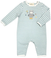 Load image into Gallery viewer, Albetta - Crochet Oliver Owl Teal Stripe Romper
