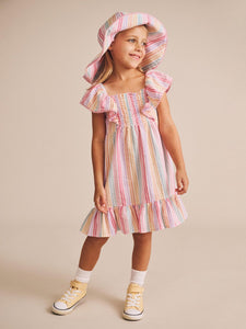 Hux Baby - Rainbow Stripe Shirred Frill Dress