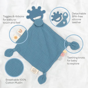 Living Textiles - Silicone Teether/Comforter with Muslin - Blue, Sage or Rose