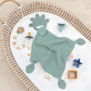 Living Textiles - Silicone Teether/Comforter with Muslin - Blue, Sage or Rose
