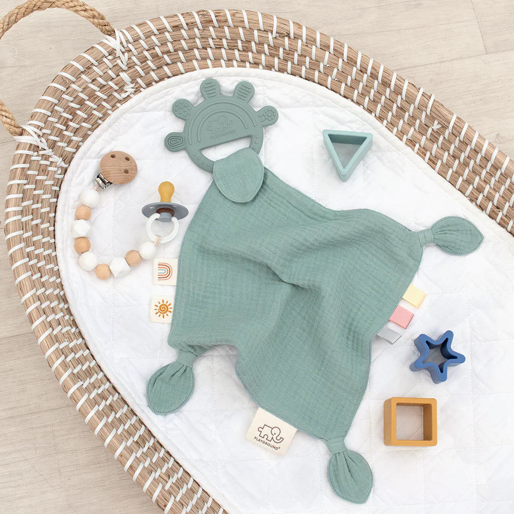 Living Textiles - Silicone Teether/Comforter with Muslin - Blue or Sage