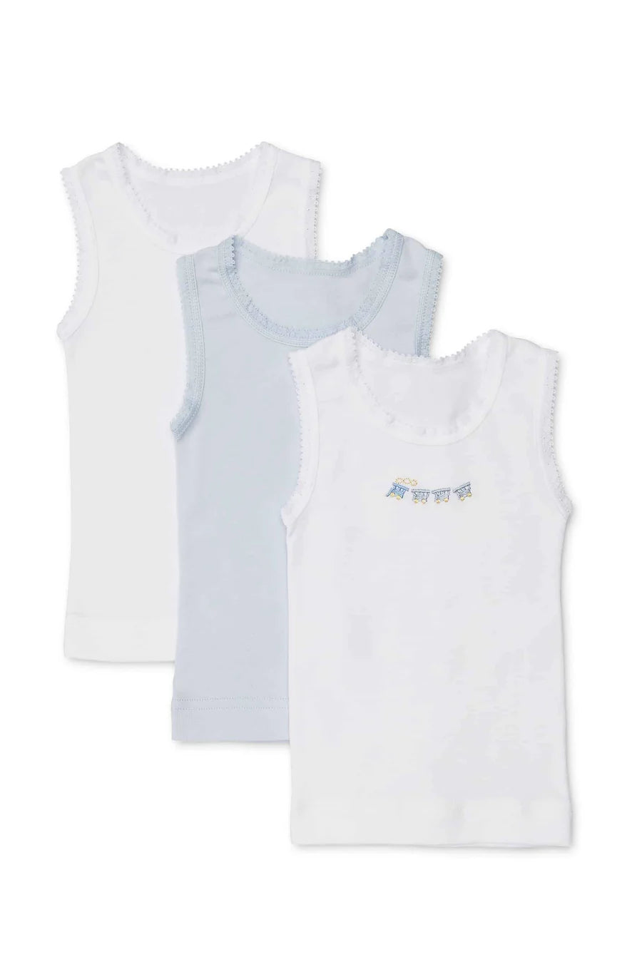Marquise - Baby Singlets - 3pk White,pink + embroidered white or White,Blue + embroidered White