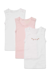 Marquise - Baby Singlets - 3pk White,pink + embroidered white or White,Blue + embroidered White