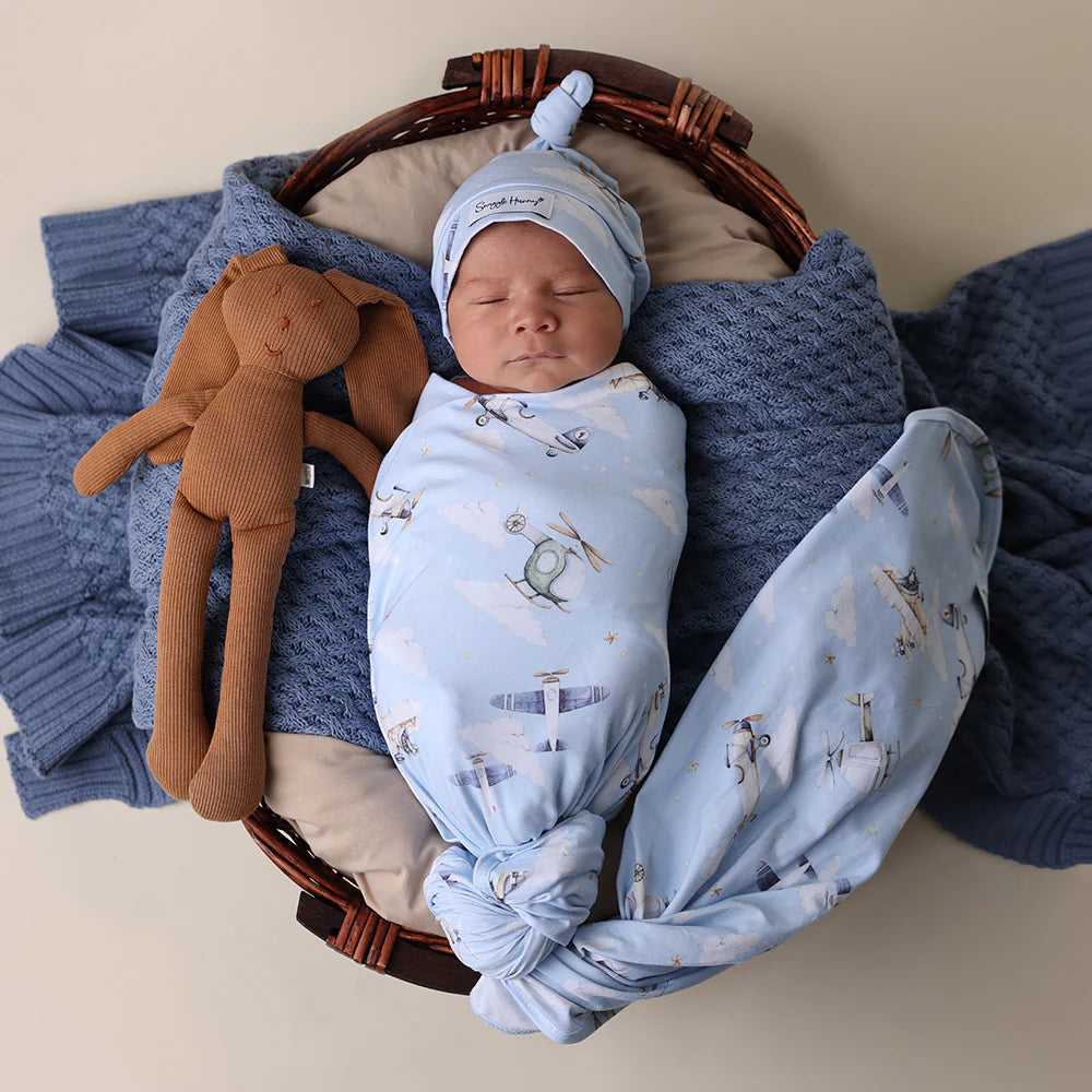 Snuggle Hunny Jersey Wrap & Beanie Set - Taking Flight or Trains