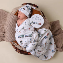 Load image into Gallery viewer, Snuggle Hunny Jersey Wrap &amp; Beanie Set - Taking Flight or Trains
