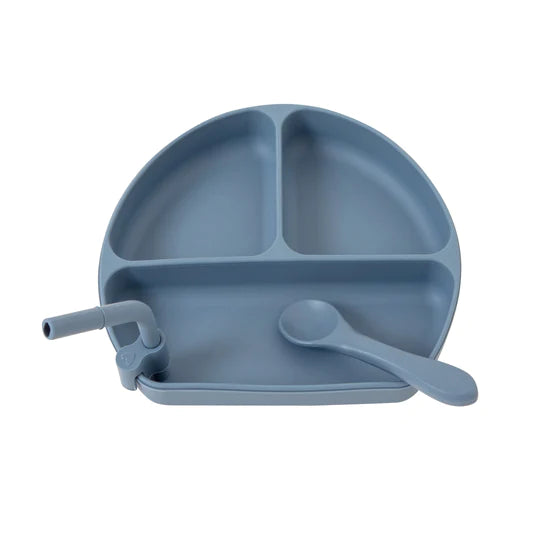 All4 Ella - Silicone Divided Plate with spoon + Straw - Slate Blue or Sand